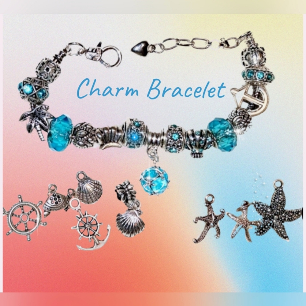 Sea-n-Sand Theme Bead Charm Bracelet Turtle, Anchor, Starfish, Seashells